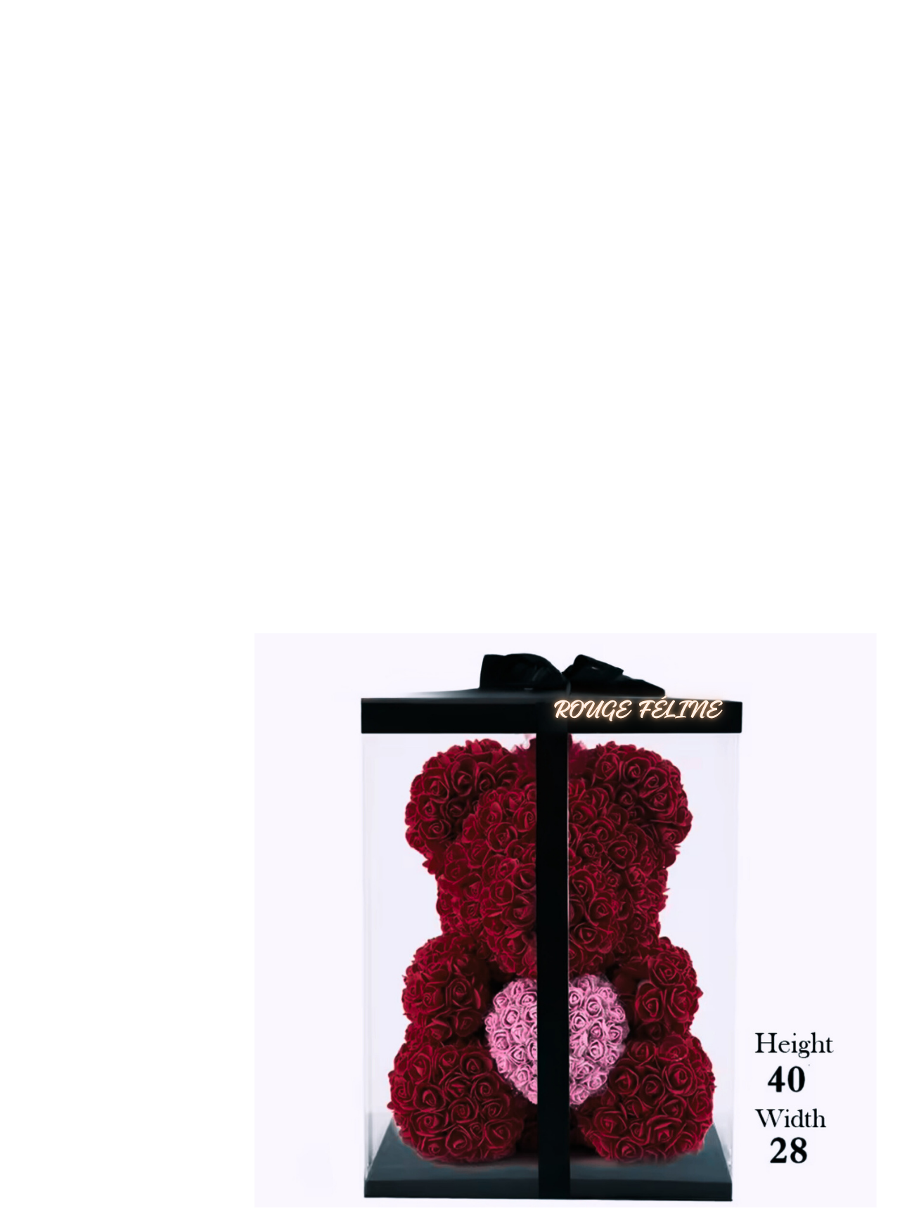 ROUGE FÉLINE signature rose bear with pink heart in a clear luxury box.