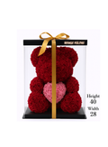 Luxury red rose teddy bear with pink heart in a transparent gift box, gold ribbon, Rouge Féline