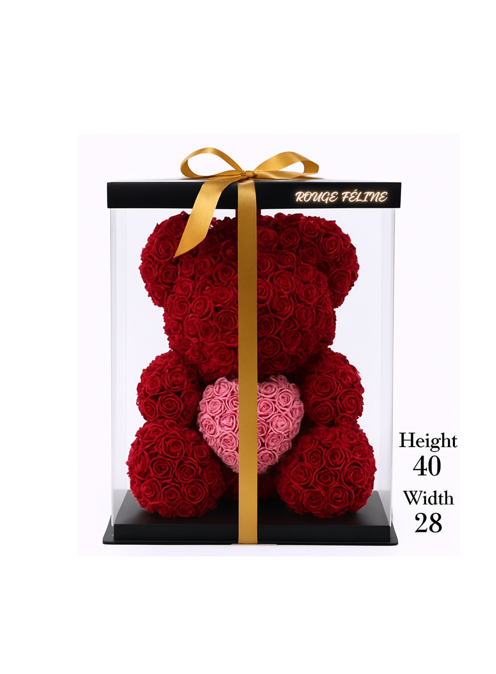 Luxury red rose teddy bear with pink heart in a transparent gift box, gold ribbon, Rouge Féline